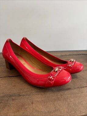 Coach Red Patent Leather Low Heel Ballet Flats with Gold Buckle